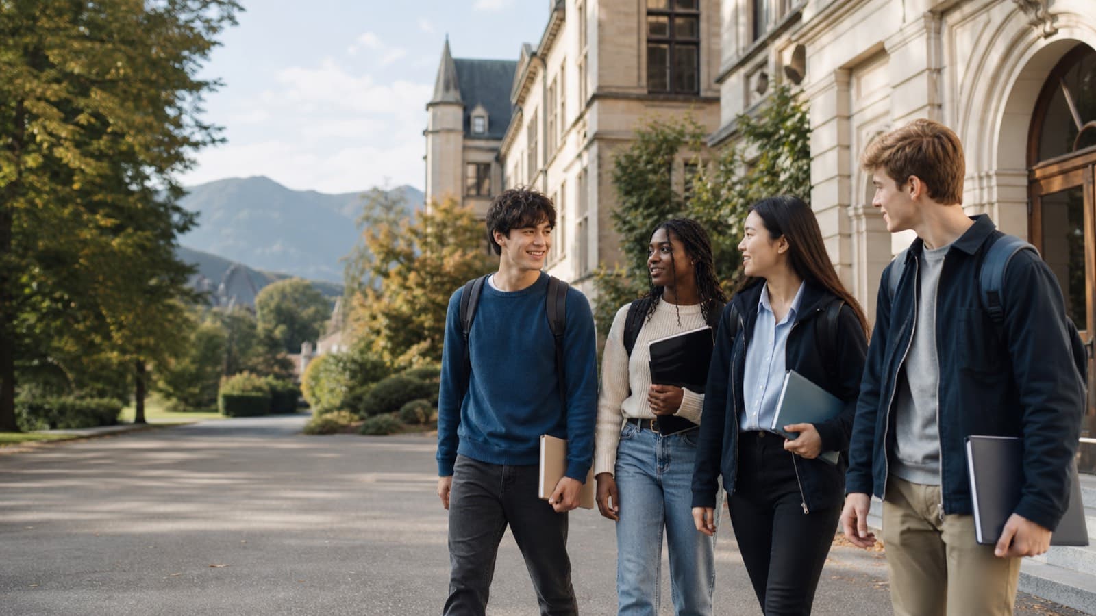 Quatre étudiants internationaux heureux découvrent leur campus